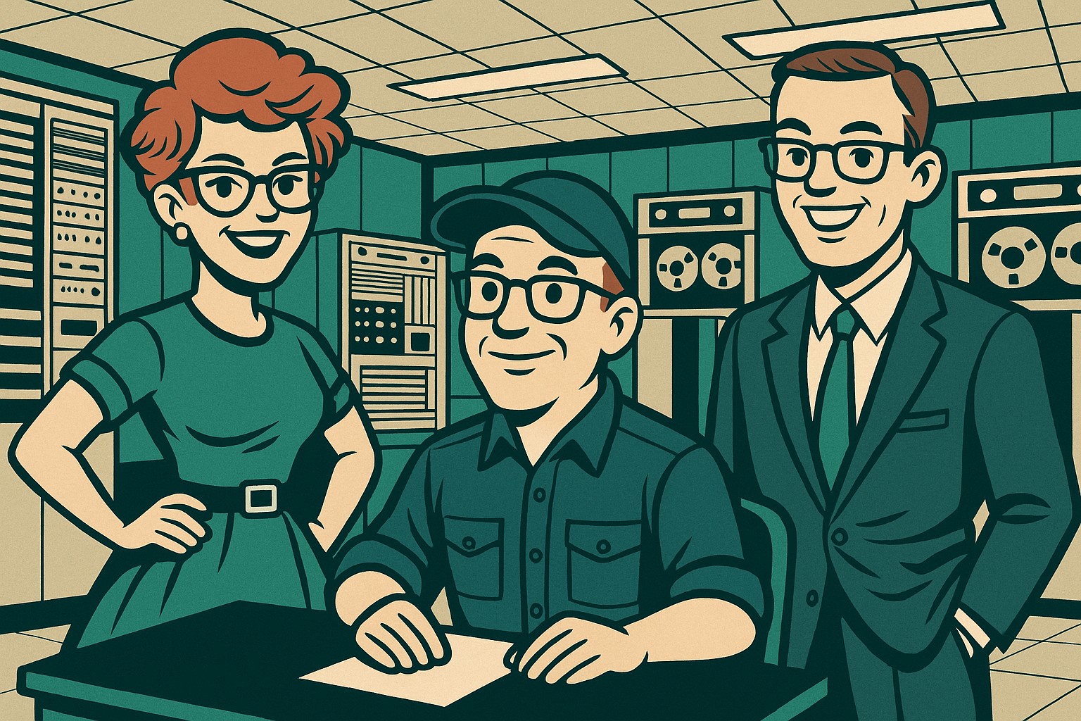 Stylized portrait of the Twin Ledger founders in a classic computer room