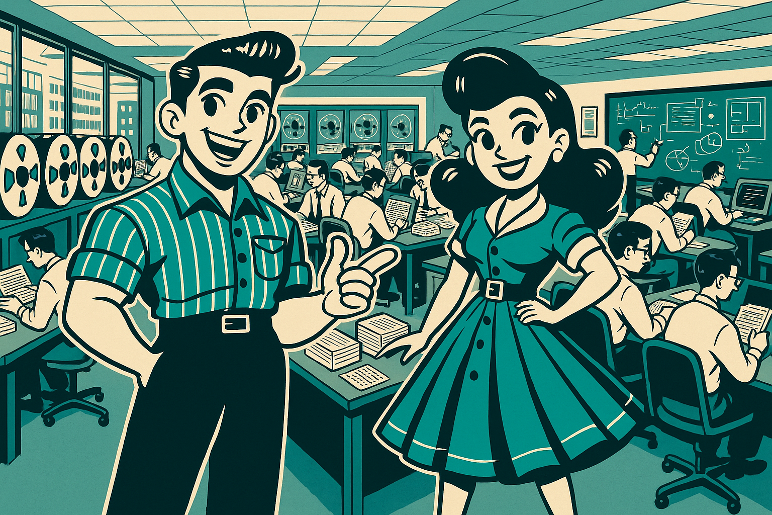 Mid-century scene of Luke and Mary Ann leading a mainframe-era office of coders